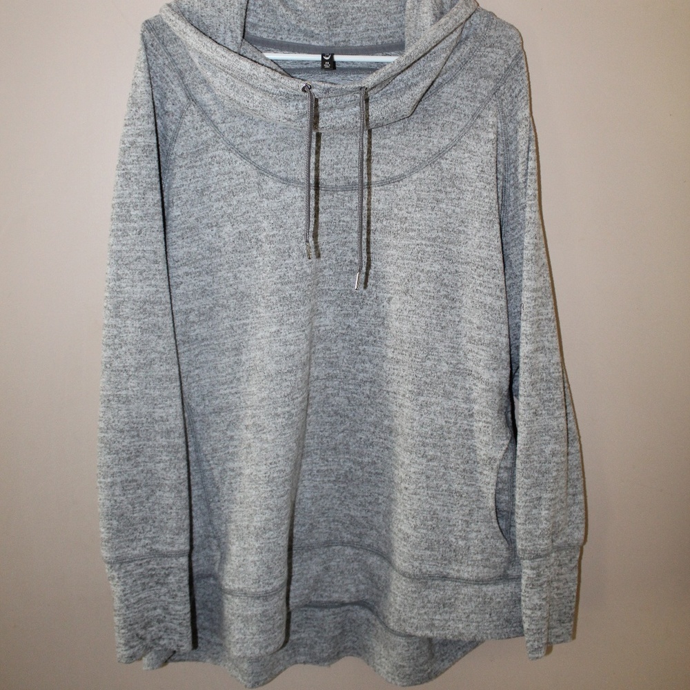 Gray scrunch neck sweater with pocket.